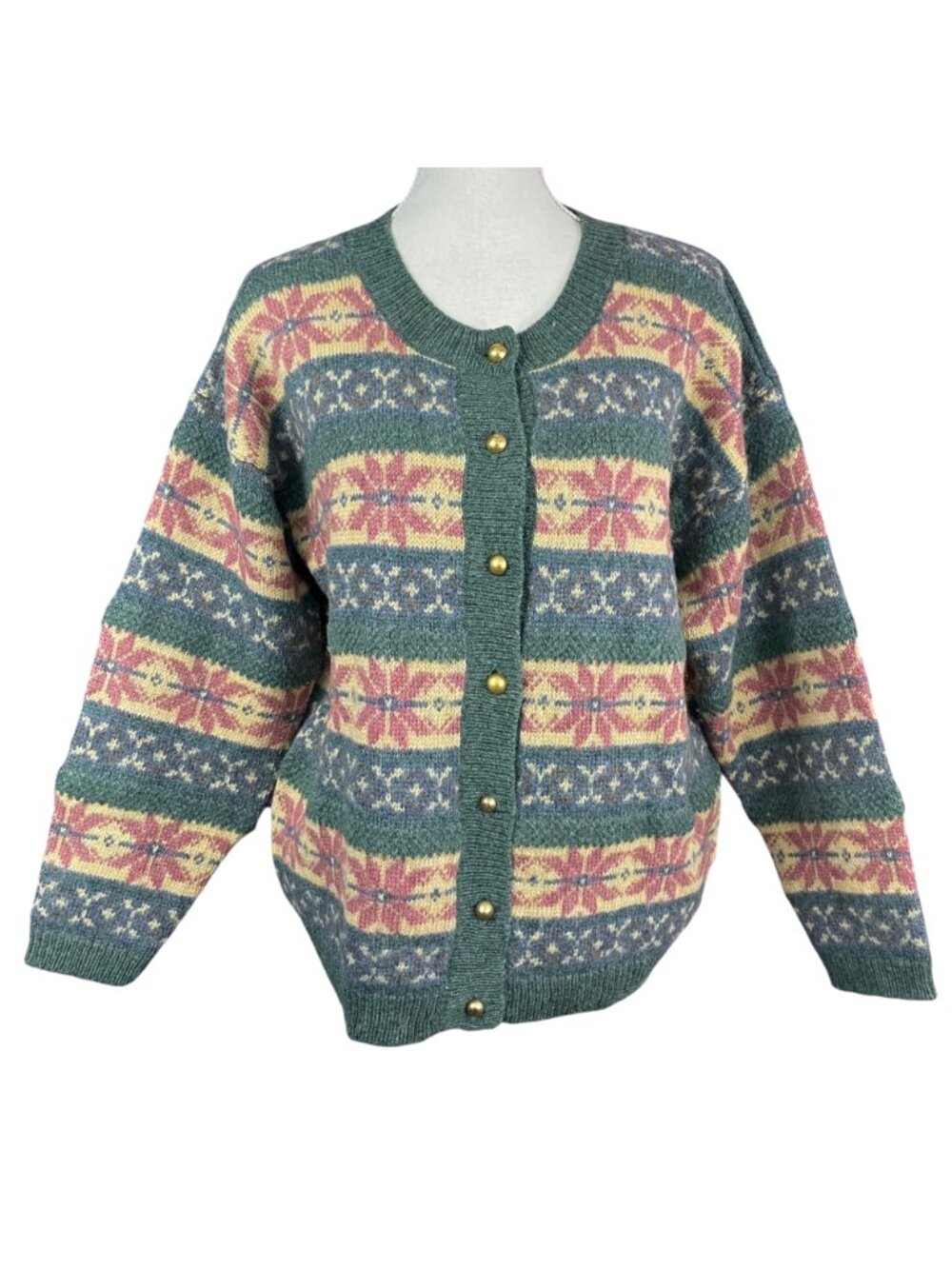 Fair Isle Wool Cardigan VTG L Rainbow Knit Sweater Chunky Christmas Nordic